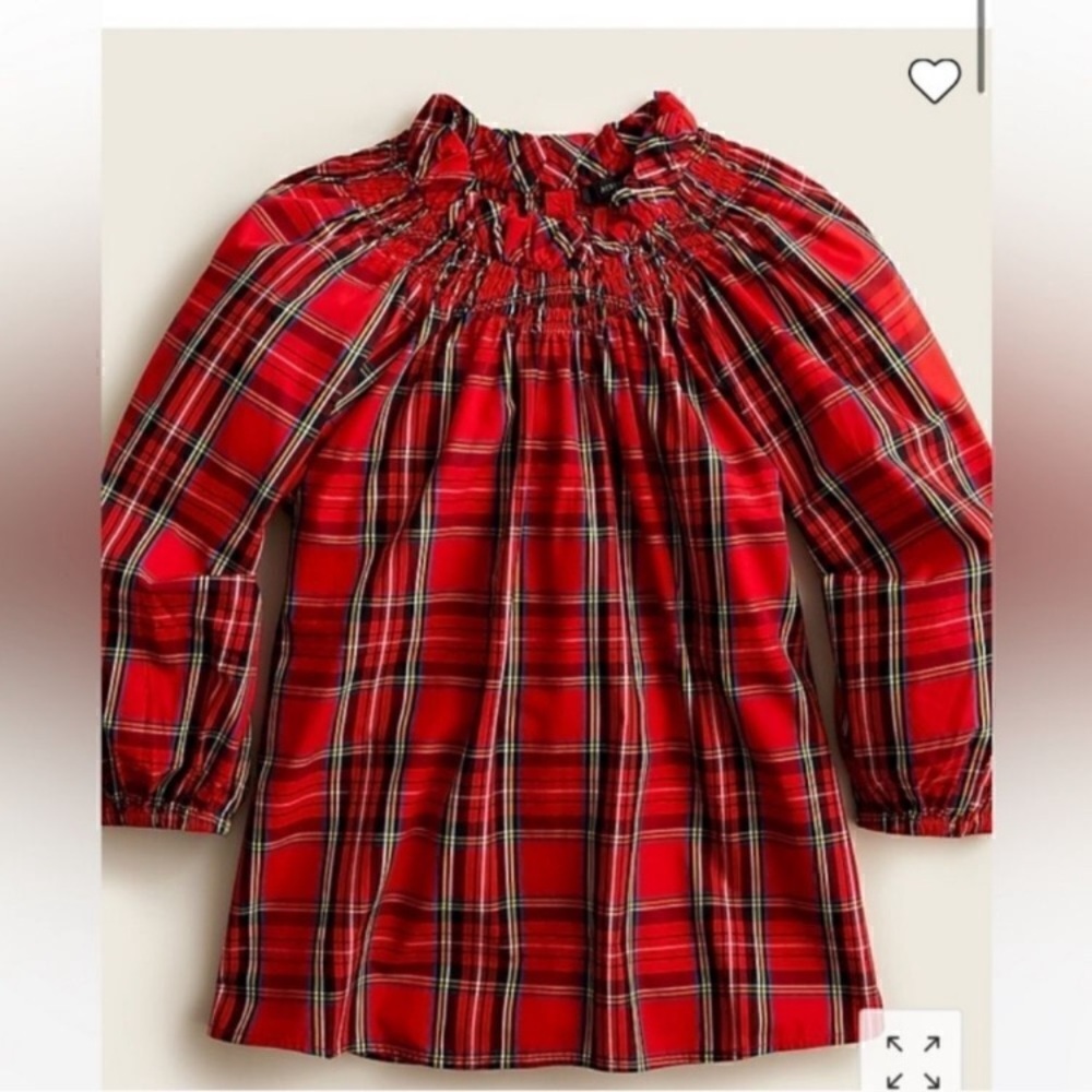 J. CREW XXS Top/Blouse Red‎ Plaid Smocked Neckline tartan Christmas holiday